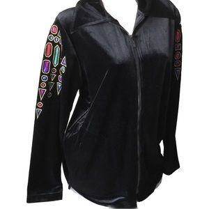 Unique BOB MACKIE Wearable Art Jewel/Gem Black VELOUR Zip Up JACKET - S